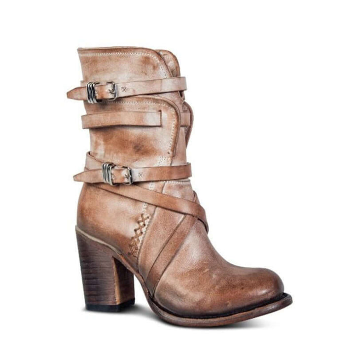 Women's Leather Ankle Boots with Buckle Straps and Block Heel