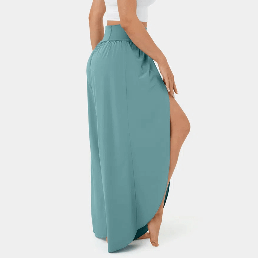Flared Casual Trousers - High-Waisted Split Hem