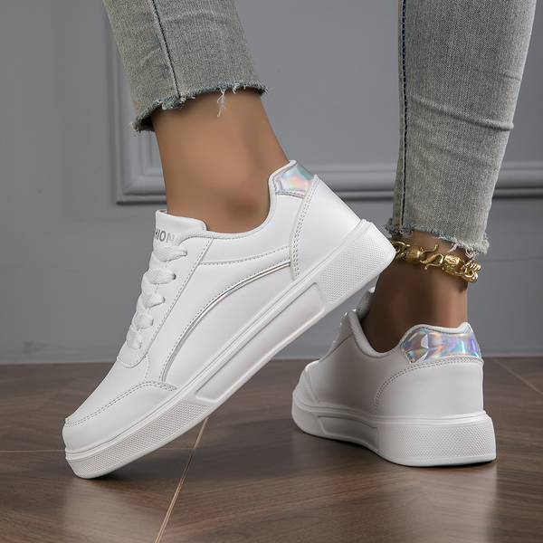 Women's White Leather Trainers with Metallic Accents