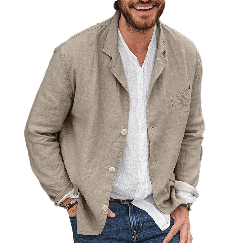 "Front view of men's casual linen blazer, lightweight and breathable, showing relaxed fit, button closure, and lapel collar."