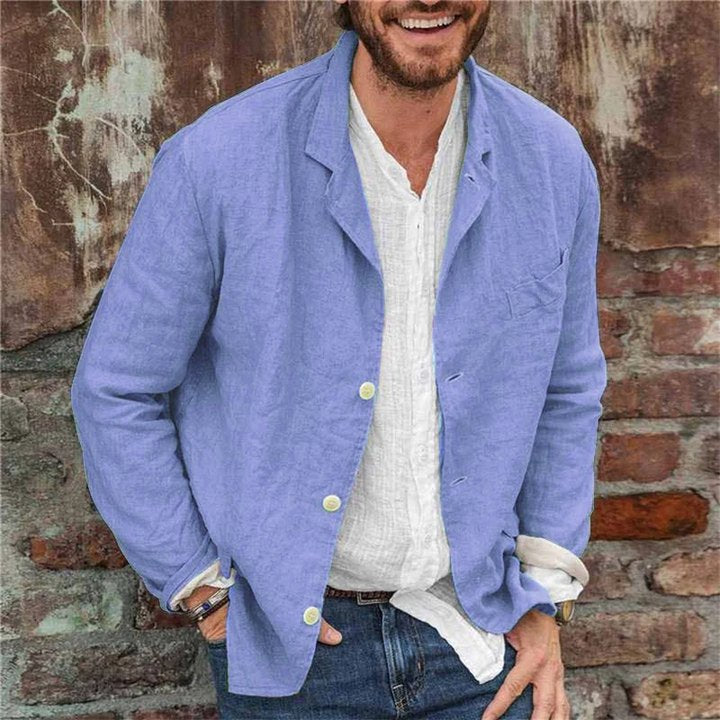 "Front view of men's casual linen blazer, lightweight and breathable, showing relaxed fit, button closure, and lapel collar."