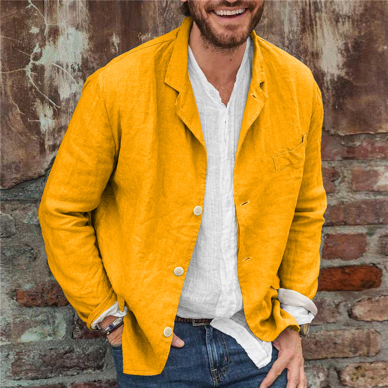 "Front view of men's casual linen blazer, lightweight and breathable, showing relaxed fit, button closure, and lapel collar."