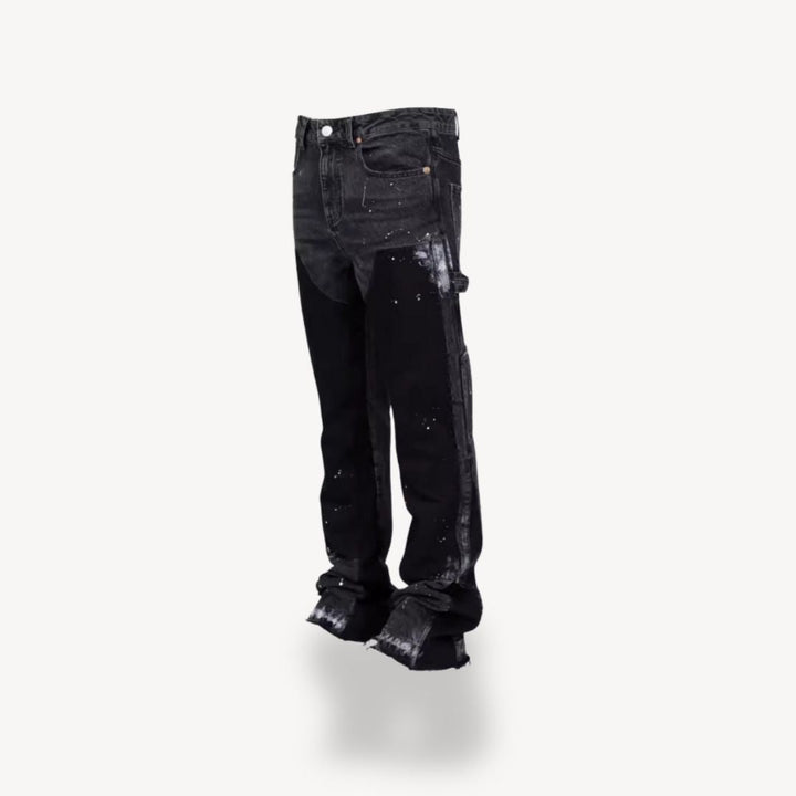 "Front view of men's slim fit stacked jeans in black, gray, blue, showing modern streetwear style and extended leg length."