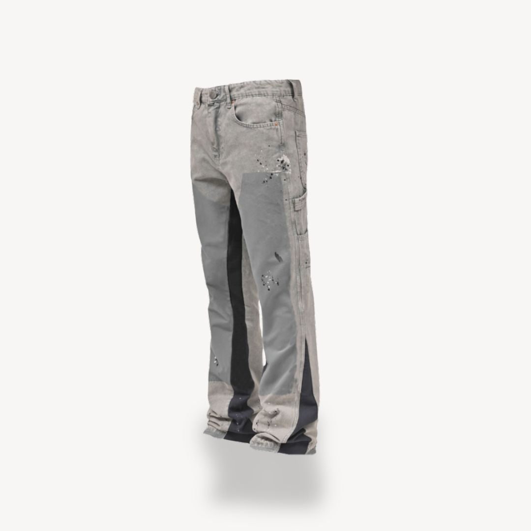 "Front view of men's slim fit stacked jeans in black, gray, blue, showing modern streetwear style and extended leg length."