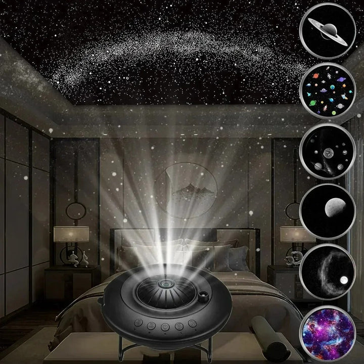 Galaxy projector displaying vivid night sky with 60,000 stars, compact design for home decor in kids and living rooms.