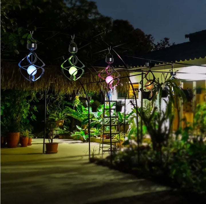 "Garden Colour-Changing Solar Wind Chimes with LED Lights, showcasing vibrant hues and melodic features for outdoor decor"