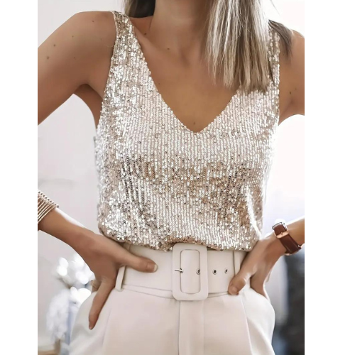 Glamorous women's sequin tank top with shimmering sequins in elegant shades, perfect for a dazzling and comfortable fit.