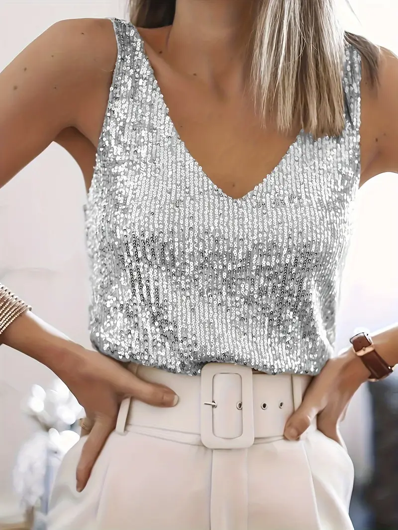 Glamorous women's sequin tank top with shimmering sequins in elegant shades, perfect for a dazzling and comfortable fit.