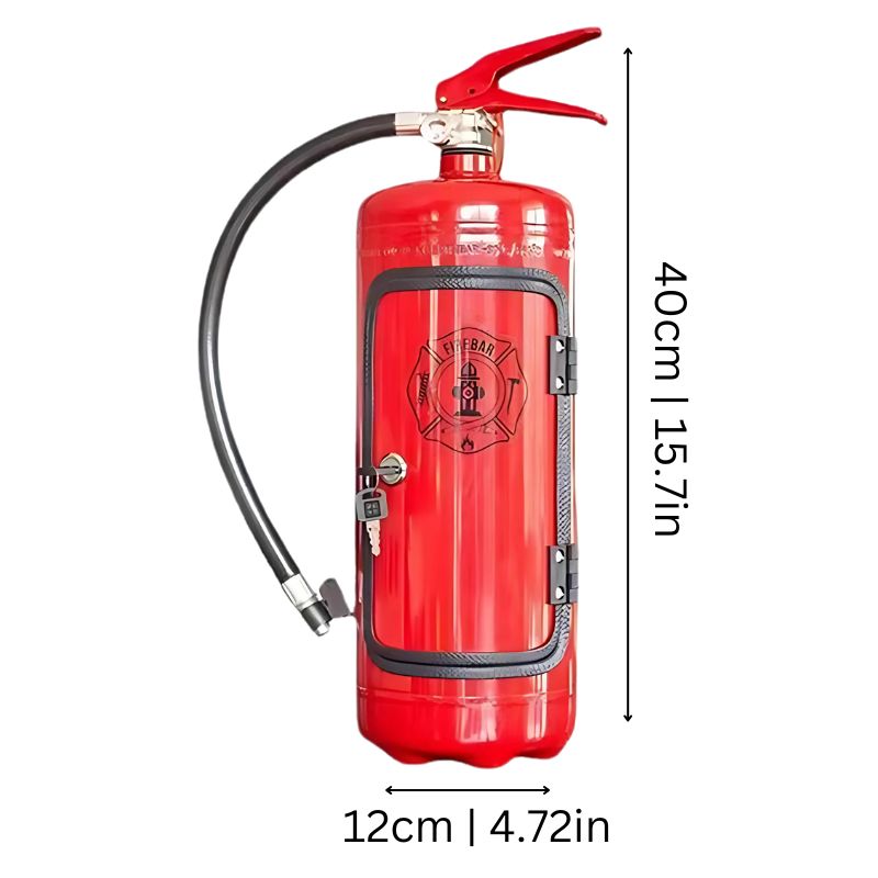 "Handcrafted industrial fire extinguisher mini bar with a rugged aesthetic, perfect for home decor and gifting."