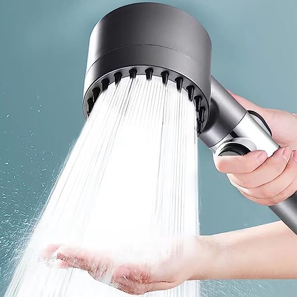"High-pressure showerhead with enhanced filtration, sleek silver design, boosts water pressure, and fits standard shower hose