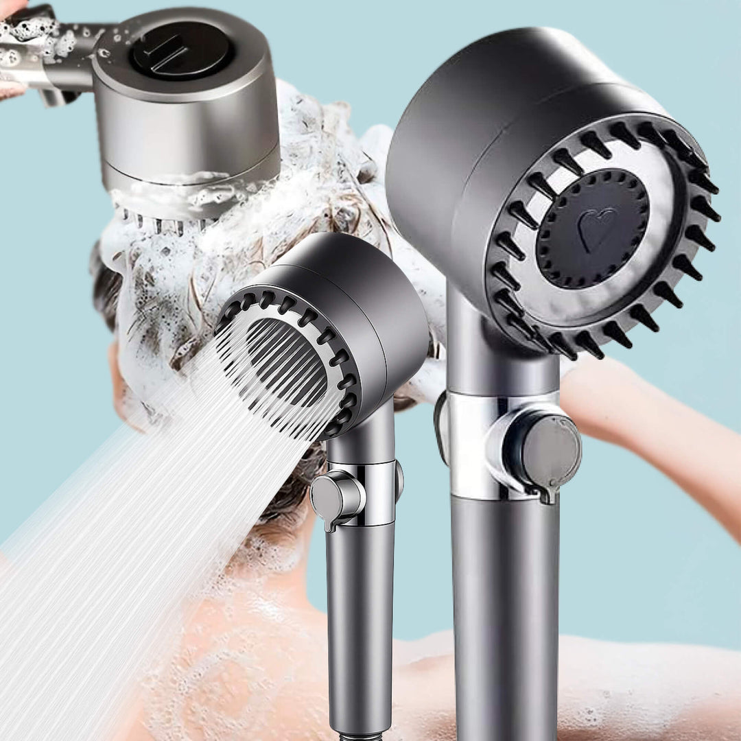 "High-pressure showerhead with enhanced filtration, sleek silver design, boosts water pressure, and fits standard shower hose