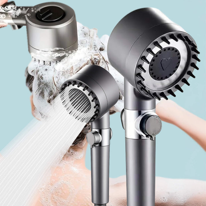 "High-pressure showerhead with enhanced filtration, sleek silver design, boosts water pressure, and fits standard shower hose