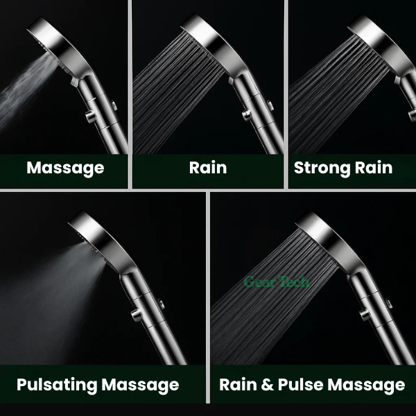"High-pressure showerhead with enhanced filtration, sleek silver design, boosts water pressure, and fits standard shower hose