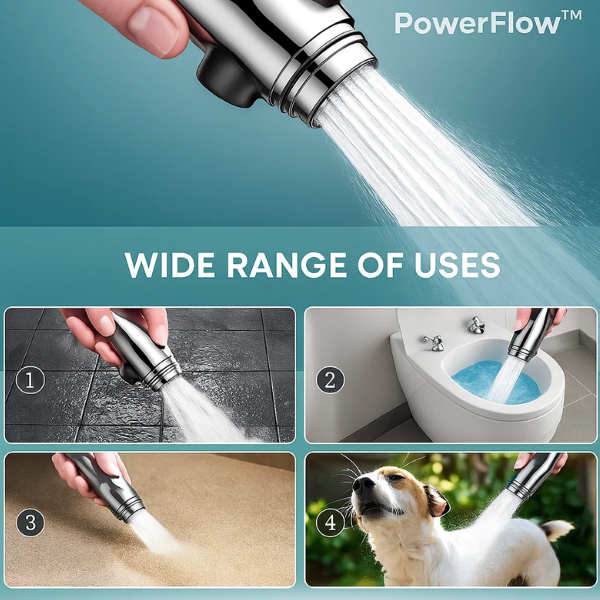 "High-pressure showerhead with enhanced filtration, sleek silver design, boosts water pressure, and fits standard shower hose