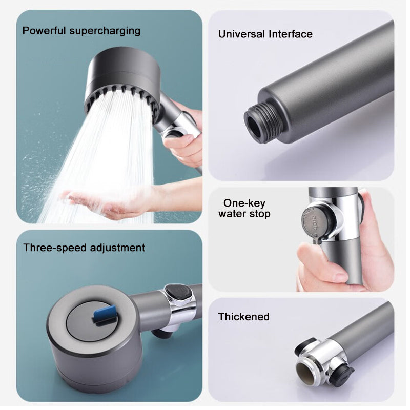 "High-pressure showerhead with enhanced filtration, sleek silver design, boosts water pressure, and fits standard shower hose