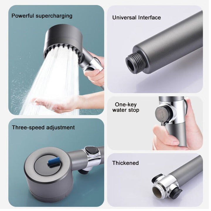 "High-pressure showerhead with enhanced filtration, sleek silver design, boosts water pressure, and fits standard shower hose