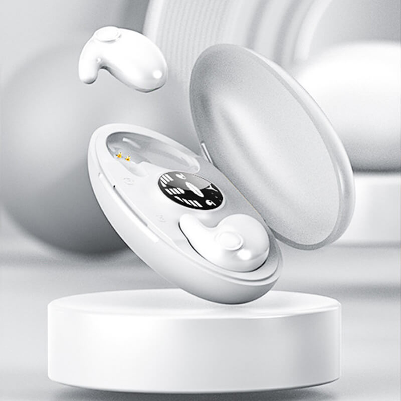 "Invisible wireless sleep headphones; ultra-light earbuds, ergonomic design, side sleeper comfort, dual noise cancellation."
