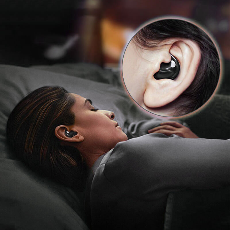 "Invisible wireless sleep headphones; ultra-light earbuds, ergonomic design, side sleeper comfort, dual noise cancellation."