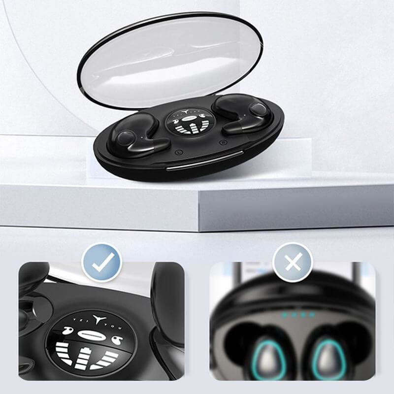 "Invisible wireless sleep headphones; ultra-light earbuds, ergonomic design, side sleeper comfort, dual noise cancellation."