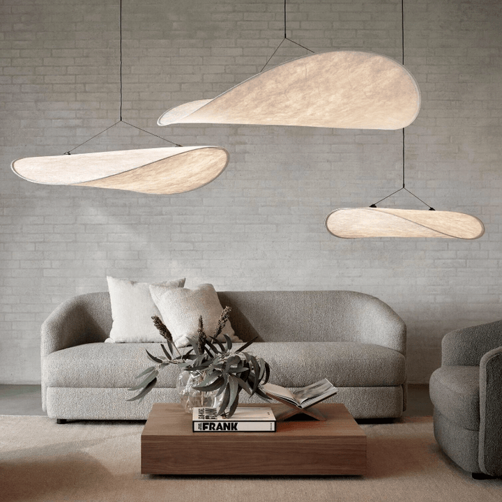 Japandi style silk pendant light with minimalist design, soft glow, and elegant finish; ideal for modern interiors.