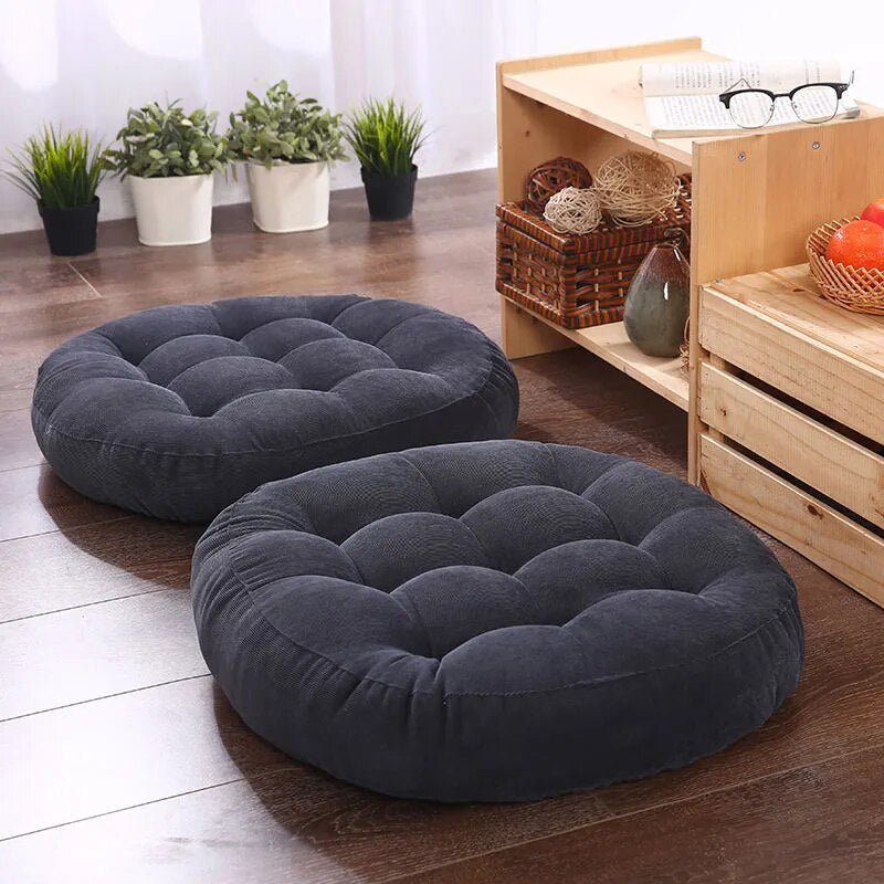 "Japanese Futon Floor Cushion with thick PU foam in chic grey, ideal for meditation or relaxing, shown on wood floor."