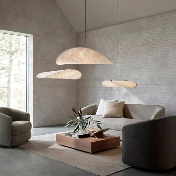 "Japanese Silk Handmade Chandelier with elegant wave-inspired design, side view showcasing luxurious silk fabric brilliance."