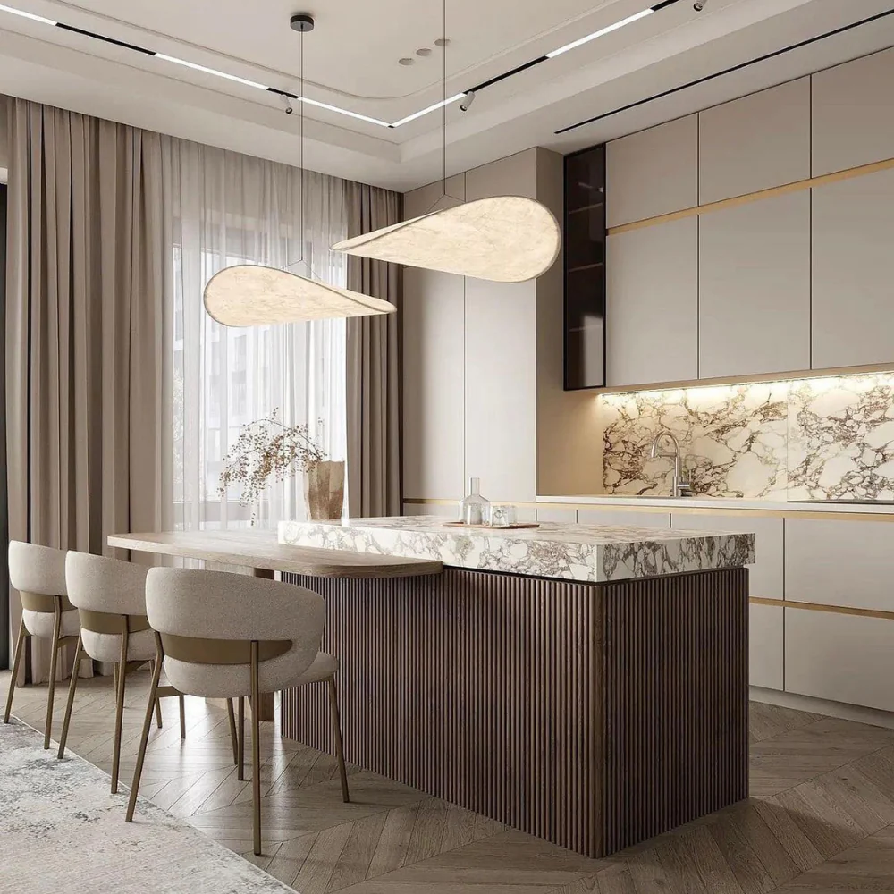 "Japanese Silk Handmade Chandelier with elegant wave-inspired design, side view showcasing luxurious silk fabric brilliance."