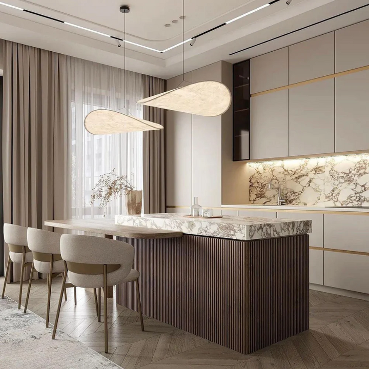 "Japanese Silk Handmade Chandelier with elegant wave-inspired design, side view showcasing luxurious silk fabric brilliance."