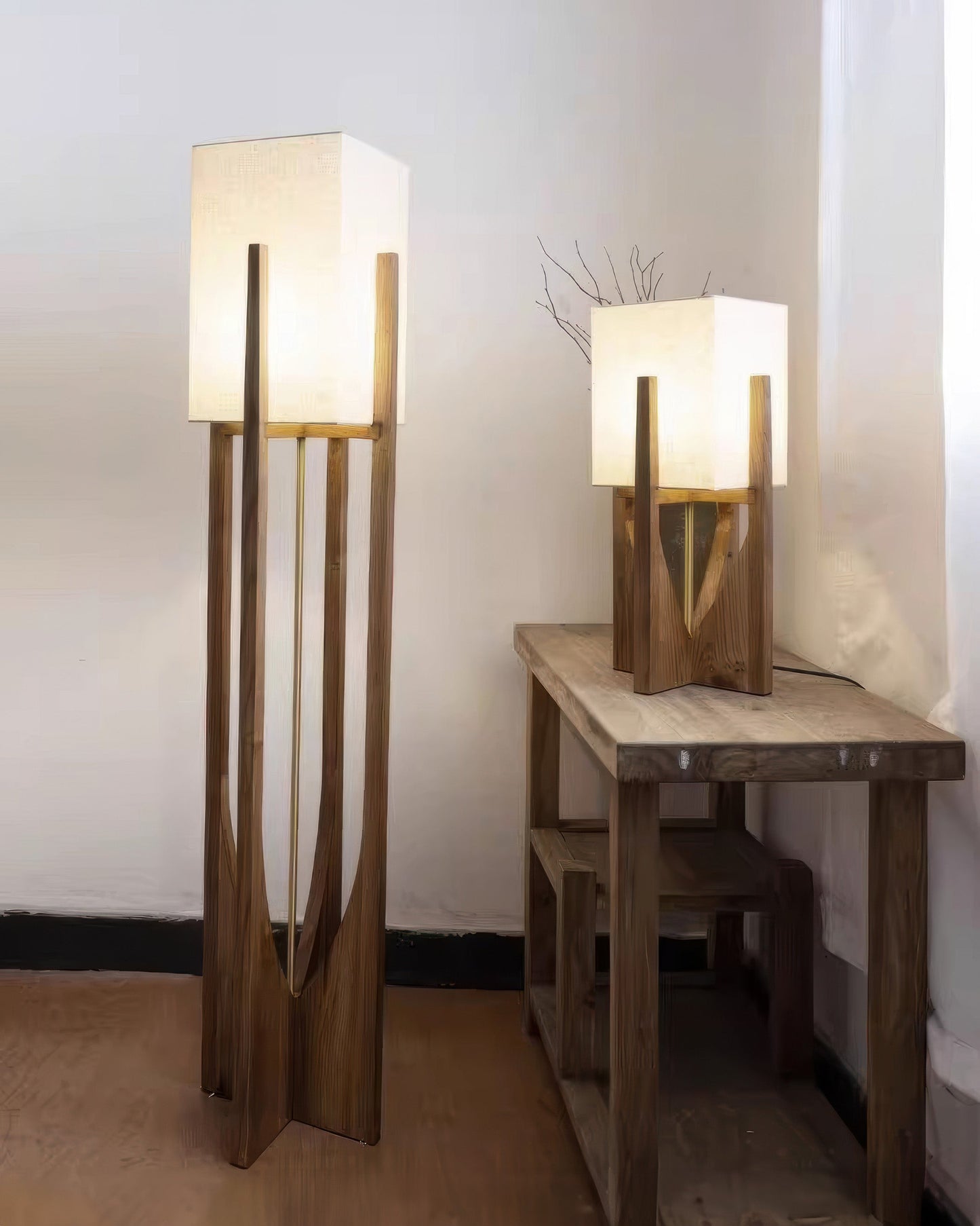 Japanese-style walnut floor lamp with LED, featuring a sturdy walnut base, brass accents, and cotton-linen shade for ambient