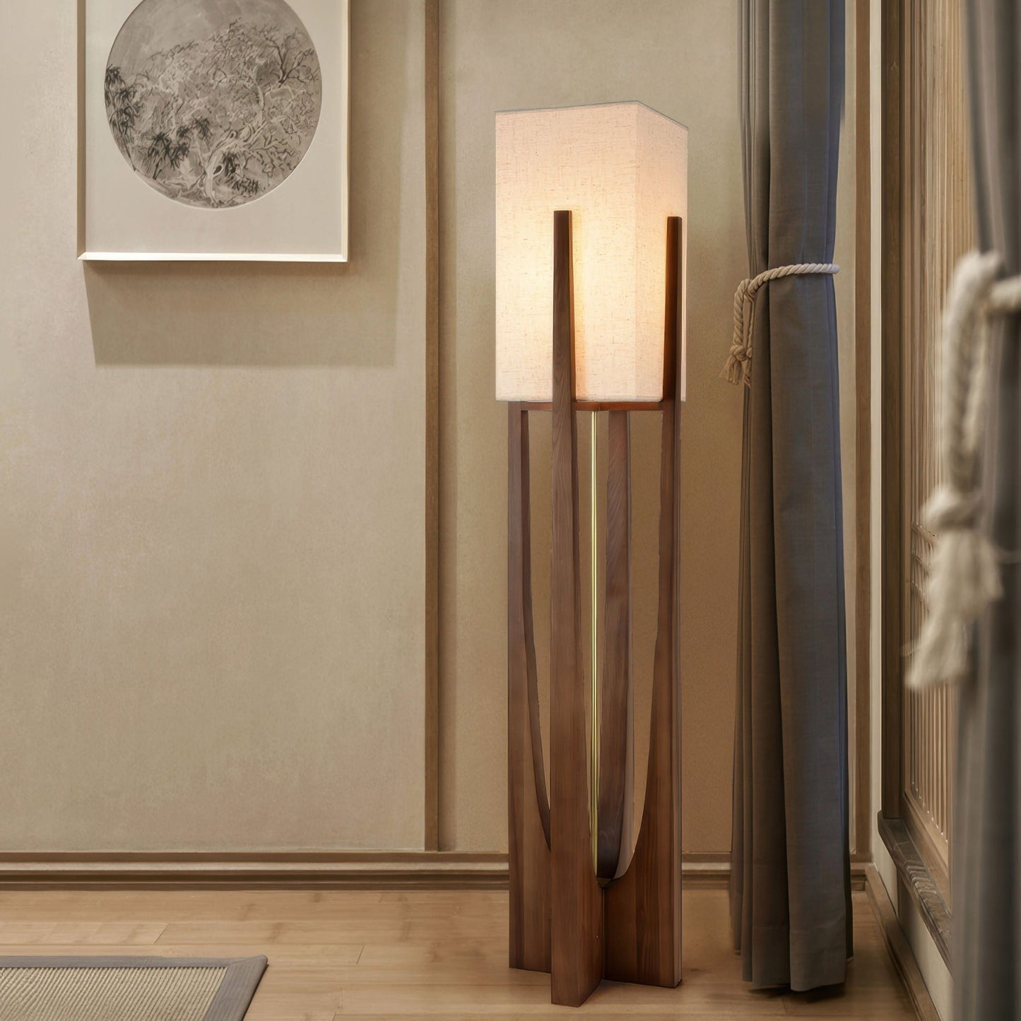 Japanese-style walnut floor lamp with LED, featuring a sturdy walnut base, brass accents, and cotton-linen shade for ambient