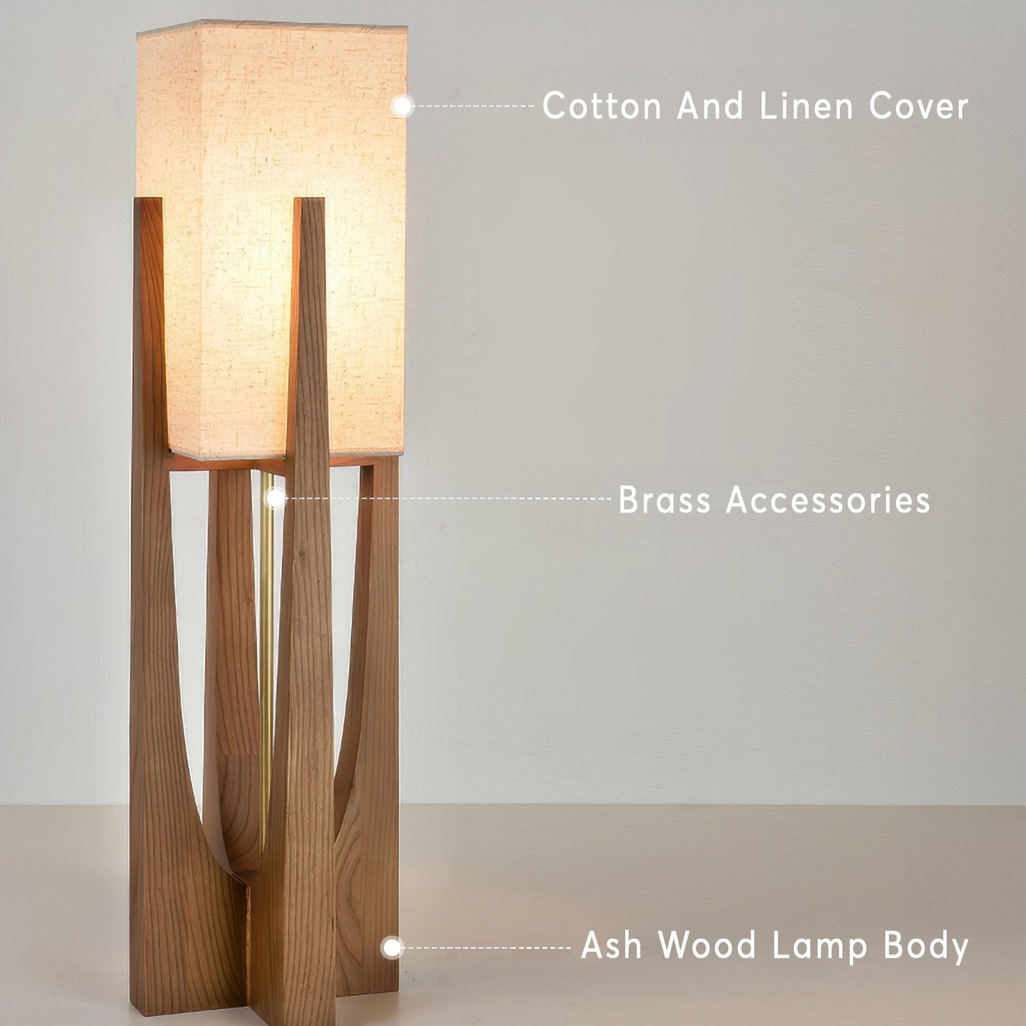 Japanese-style walnut floor lamp with LED, featuring a sturdy walnut base, brass accents, and cotton-linen shade for ambient