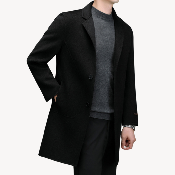 "Khaki men's wool blend overcoat, single-breasted, two-button style, tailored fit, perfect for winter warmth and elegance."