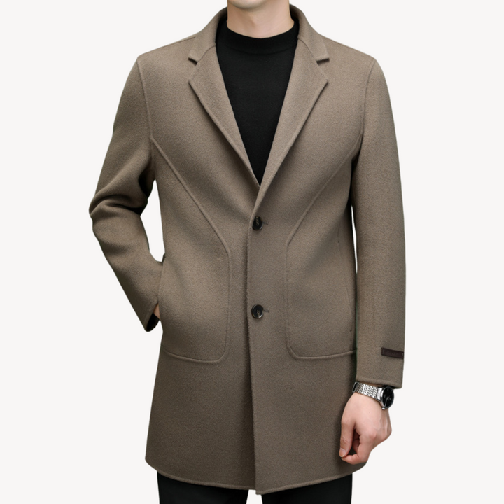 "Khaki men's wool blend overcoat, single-breasted, two-button style, tailored fit, perfect for winter warmth and elegance."