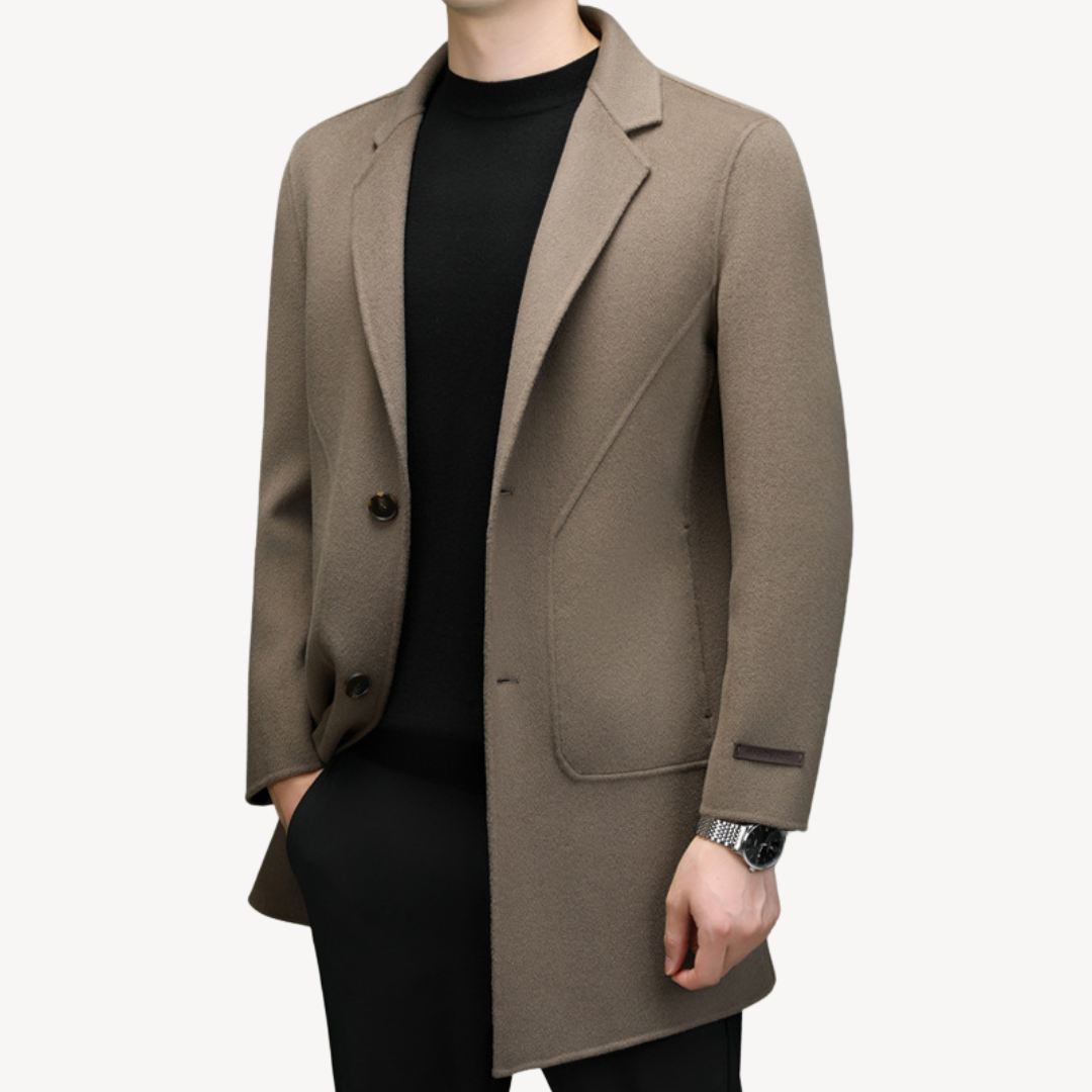 "Khaki men's wool blend overcoat, single-breasted, two-button style, tailored fit, perfect for winter warmth and elegance."