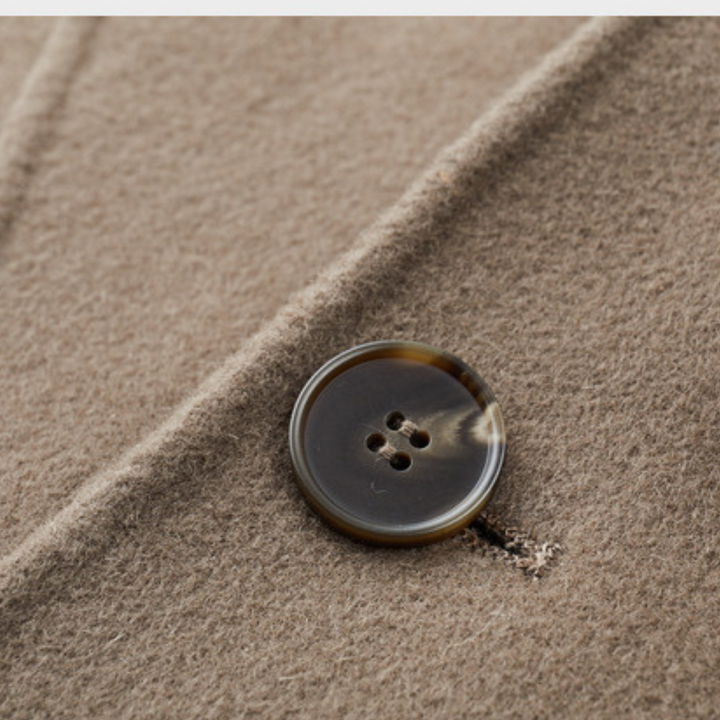 "Khaki men's wool blend overcoat, single-breasted, two-button style, tailored fit, perfect for winter warmth and elegance."