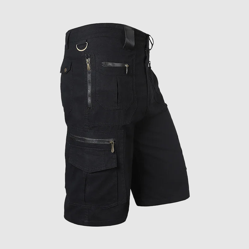 Knee-length men's durable cargo shorts with a rugged look and multiple pockets, ideal for outdoor and casual wear.