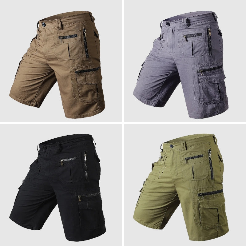 Knee-length men's durable cargo shorts with a rugged look and multiple pockets, ideal for outdoor and casual wear.