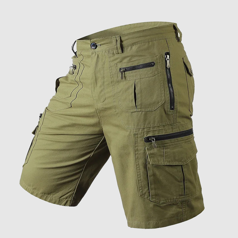 Knee-length men's durable cargo shorts with a rugged look and multiple pockets, ideal for outdoor and casual wear.