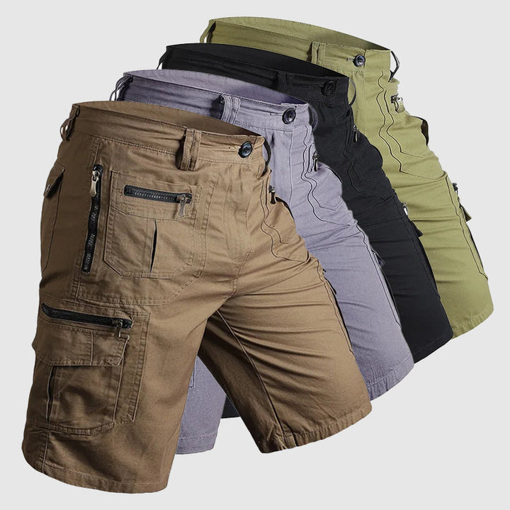 Knee-length men's durable cargo shorts with a rugged look and multiple pockets, ideal for outdoor and casual wear.
