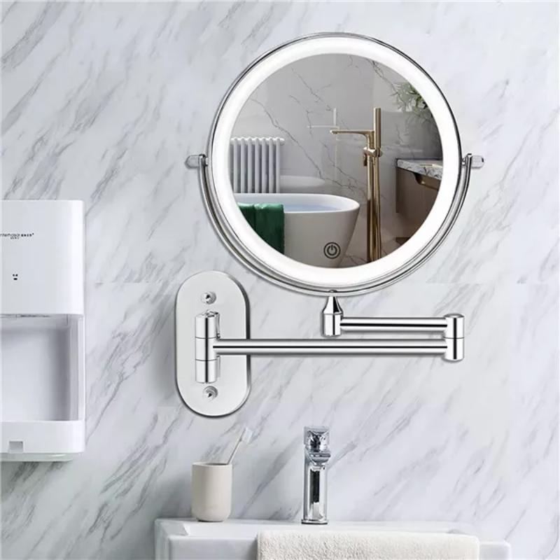 LED makeup mirror with chrome finish, adjustable lighting, magnification options, and portable design for precise beauty.