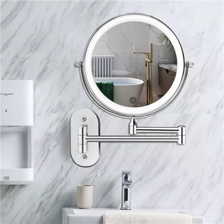 LED makeup mirror with chrome finish, adjustable lighting, magnification options, and portable design for precise beauty.