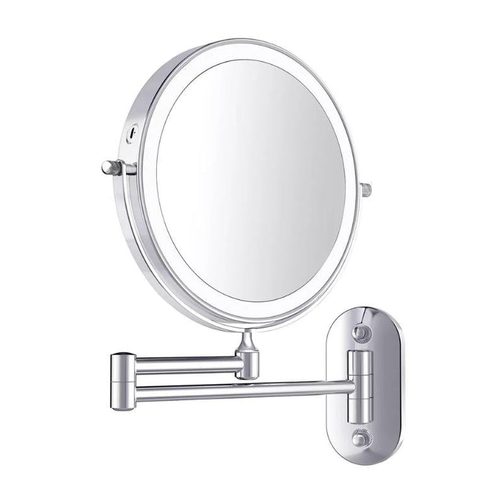 LED makeup mirror with chrome finish, adjustable lighting, magnification options, and portable design for precise beauty.