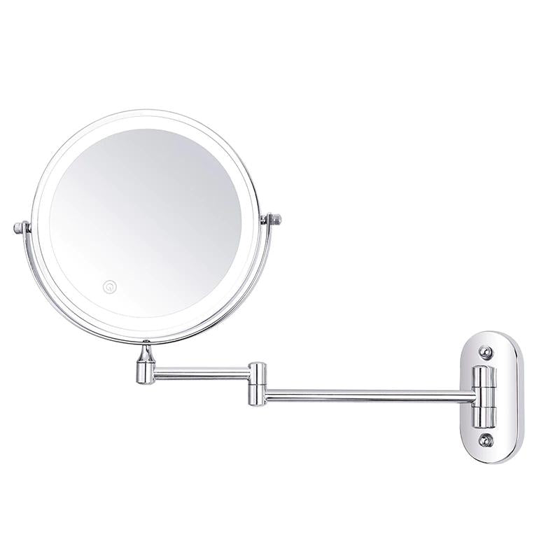 LED makeup mirror with chrome finish, adjustable lighting, magnification options, and portable design for precise beauty.