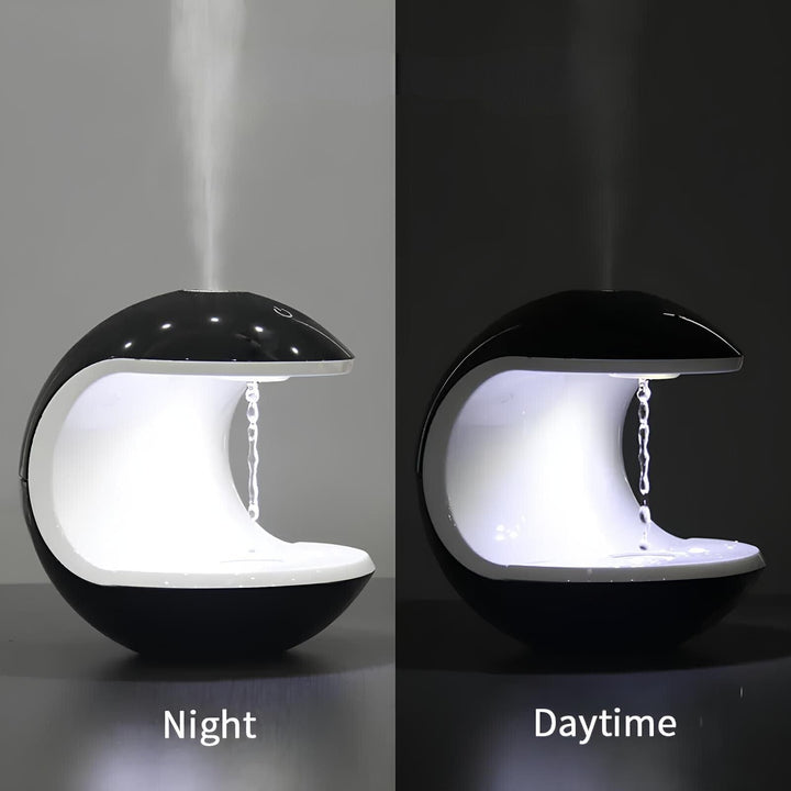 "Levitating Water Droplet Ultrasonic Humidifier with LED light, showing floating droplets effect, perfect for modern decor."