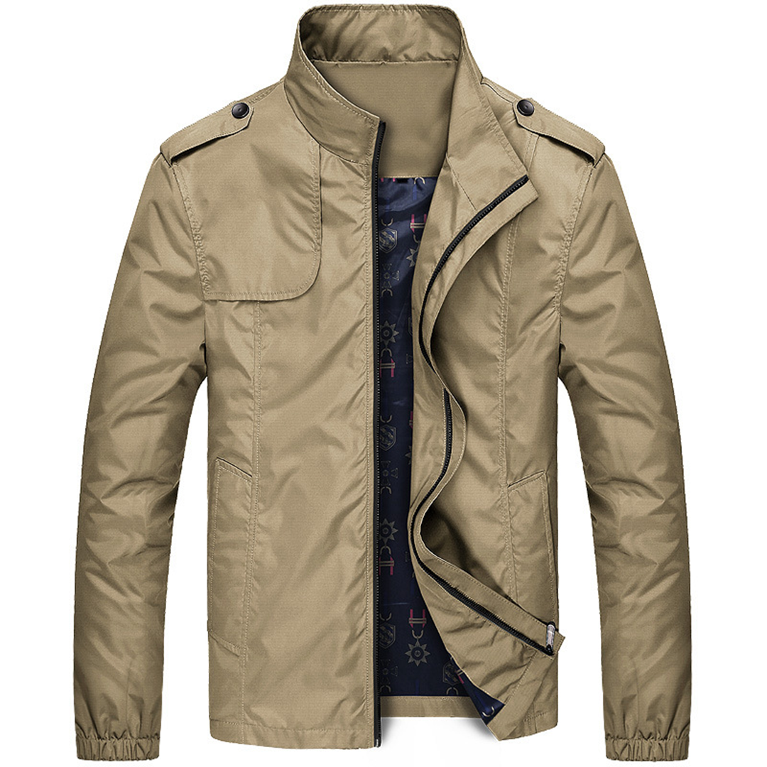 "Lightweight men's summer jacket in khaki with adjustable cuffs and breathable fabric for a cool, stylish look."
