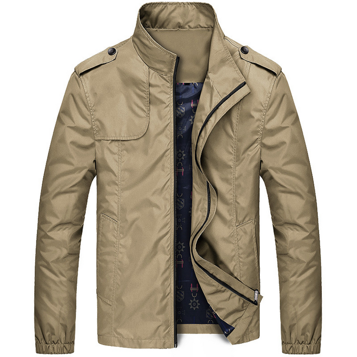 "Lightweight men's summer jacket in khaki with adjustable cuffs and breathable fabric for a cool, stylish look."
