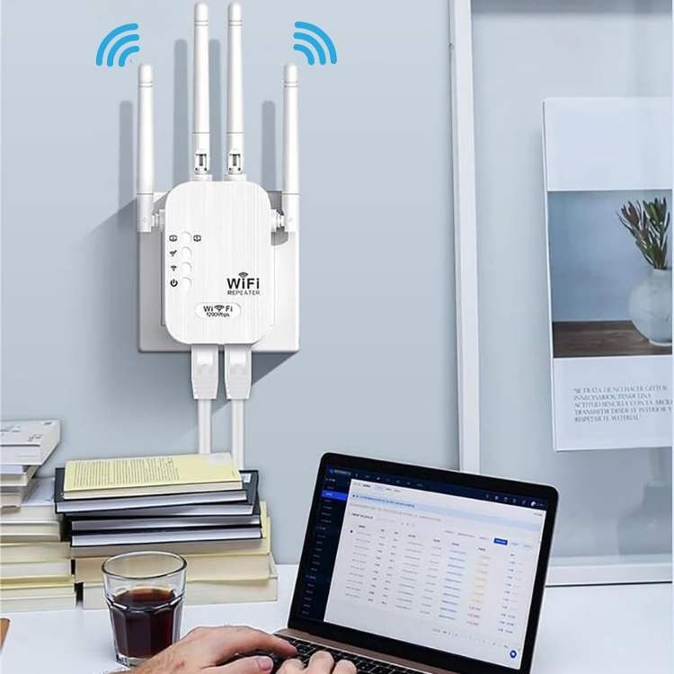 Long-Range Outdoor 5G WiFi Booster extends internet coverage, sleek design, dual antennas, perfect for gardens or large homes