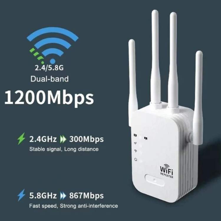 Long-Range Outdoor 5G WiFi Booster extends internet coverage, sleek design, dual antennas, perfect for gardens or large homes