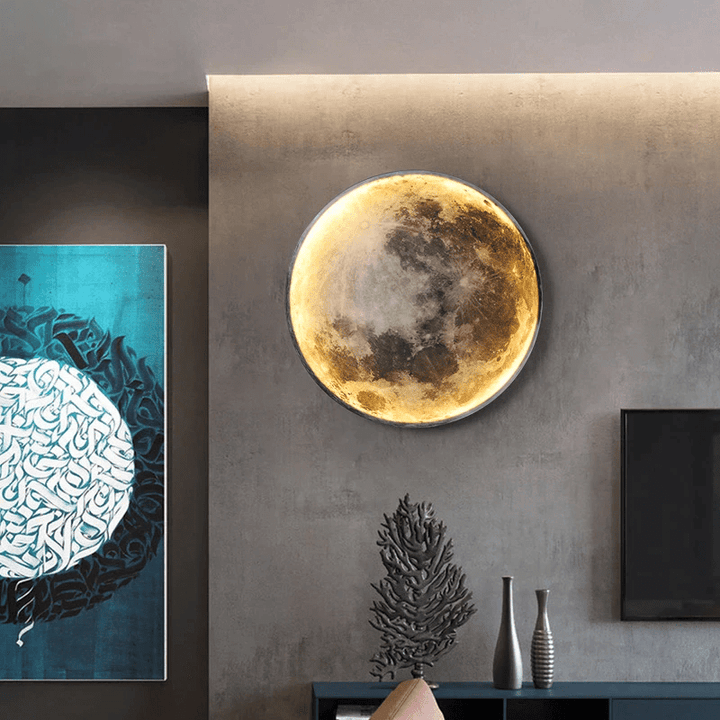 "Lunar LED Moon Lamp casting warm glow, simulating a full moon. Enhances home decor. Adjustable brightness and eco-friendly."