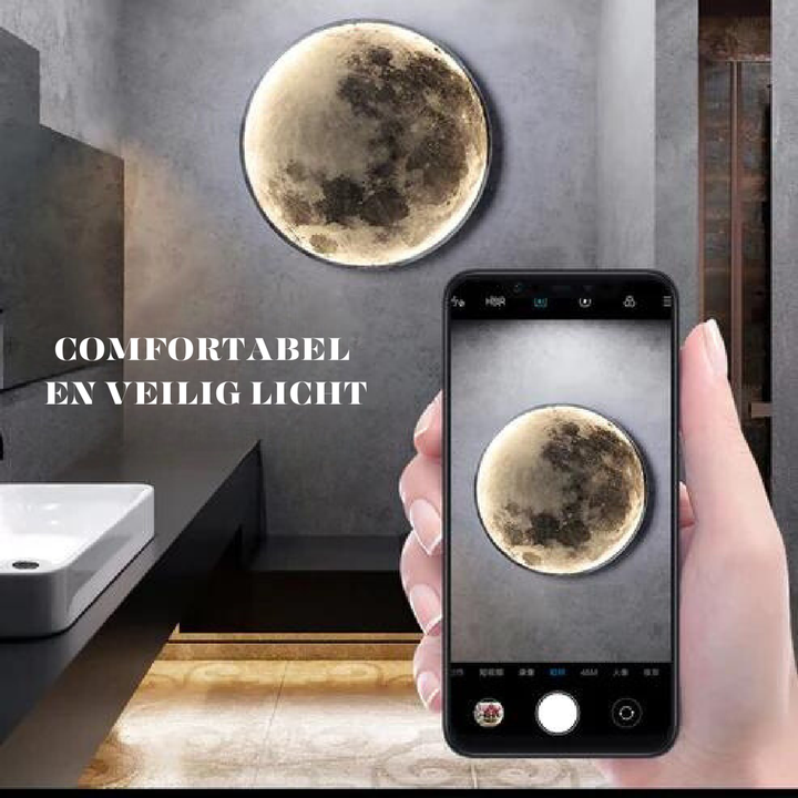 "Lunar LED Moon Lamp casting warm glow, simulating a full moon. Enhances home decor. Adjustable brightness and eco-friendly."